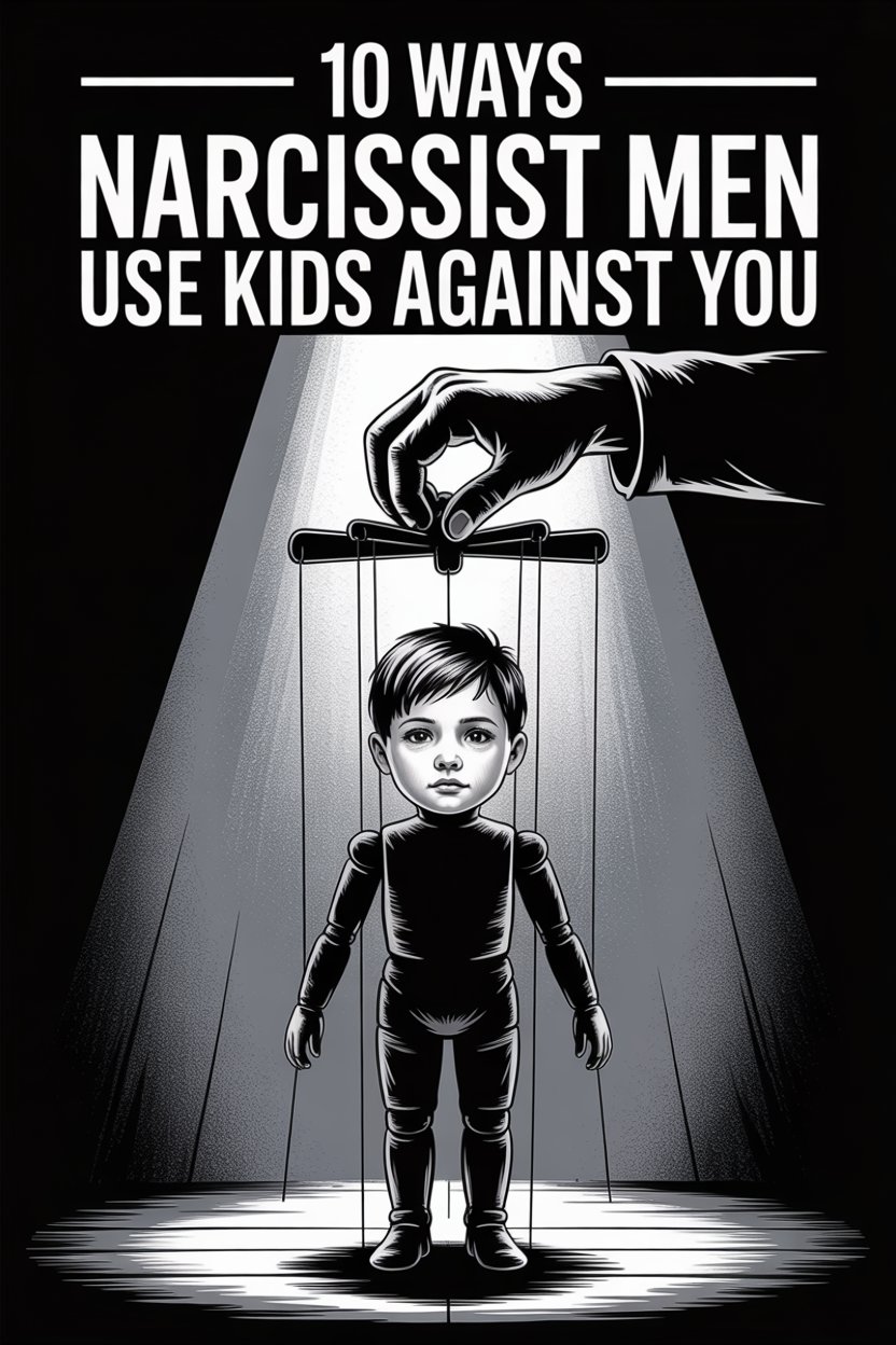 Narcissist men manipulate kids with emotional control and puppet-like tactics in family conflicts.