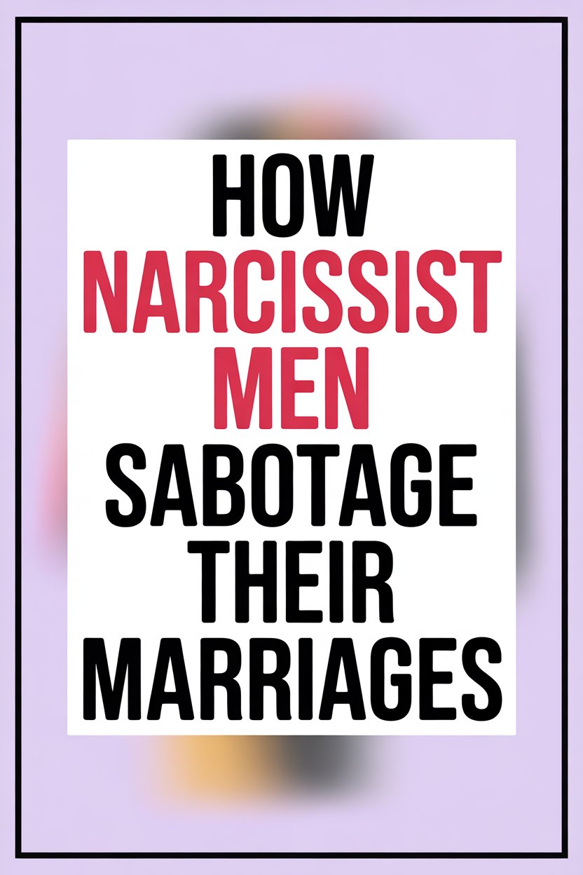 Text highlighting how narcissist men sabotage their marriages on a pastel purple background.