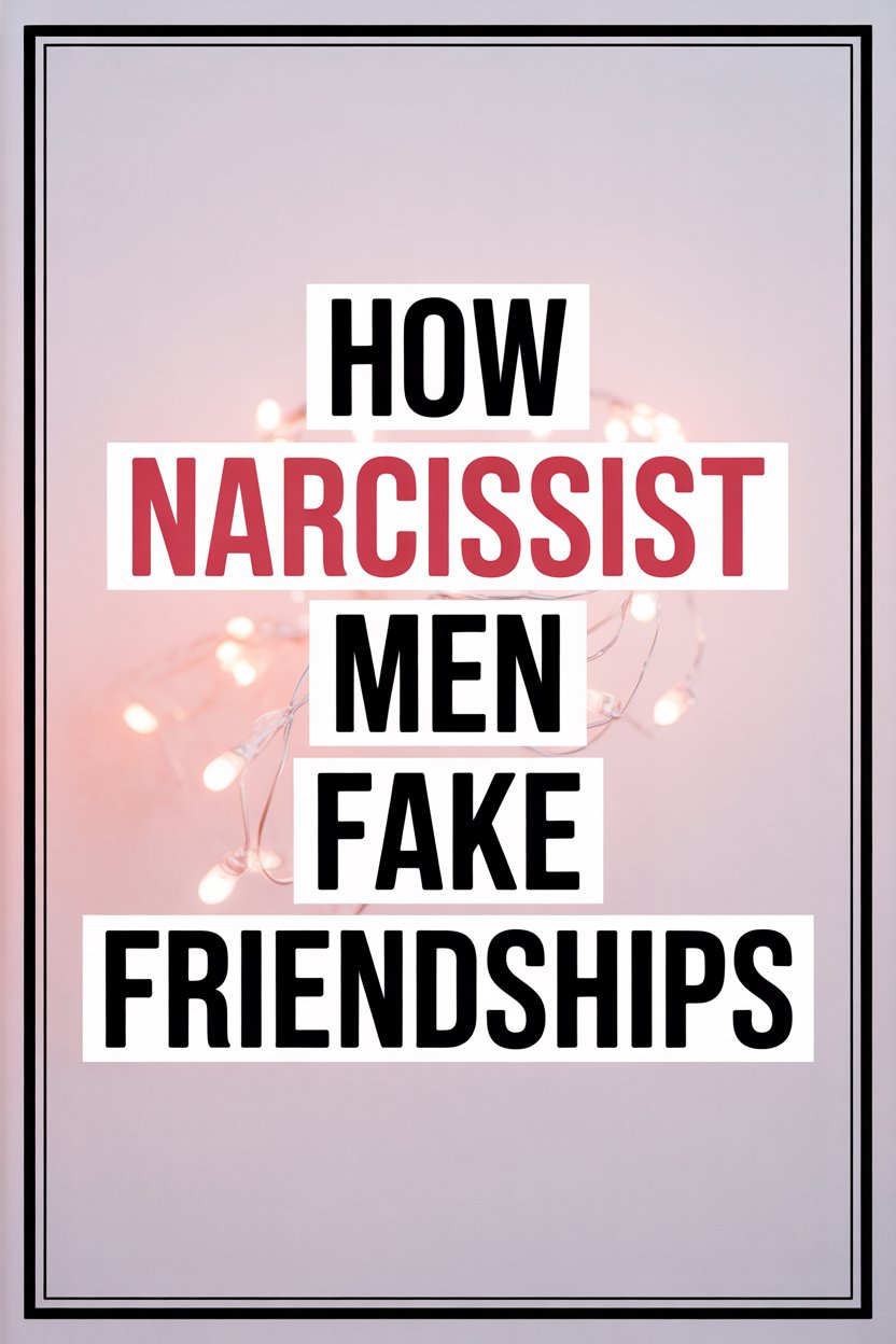 Pink background with bold text revealing how narcissist men fake friendships and manipulate others.