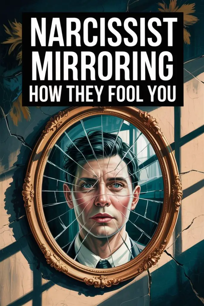 Cracked mirror reflecting a serious man, symbolizing narcissistic manipulation and emotional distortion.