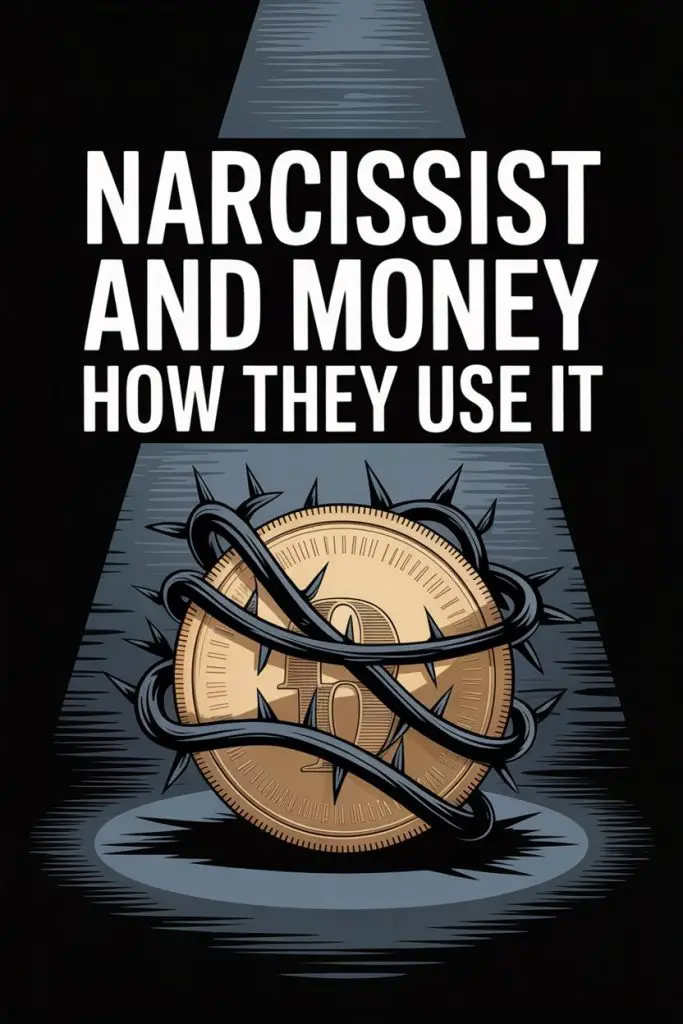 Narcissist greed and manipulation of money shown with a locked coin and thorny vines.