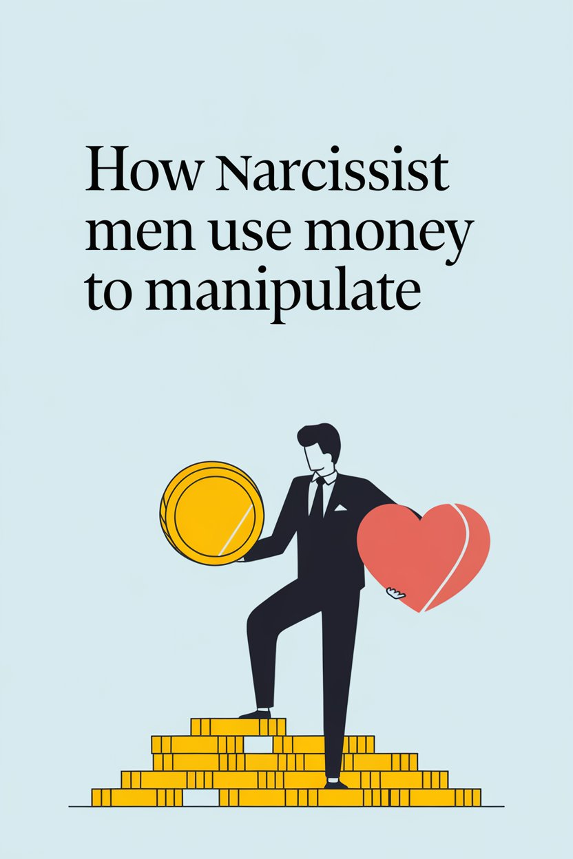 Illustration of narcissistic men using money and emotional manipulation to control others.