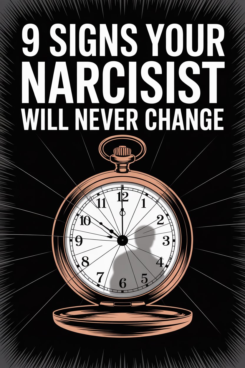 Warning: Signs a narcissist will never change, featuring a watch symbolizing time and behavioral patterns.
