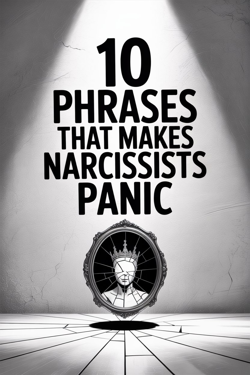 Narcissist Panic Phrases and Cracked Mirror Reflecting Fragility and Emotional Breakdowns.