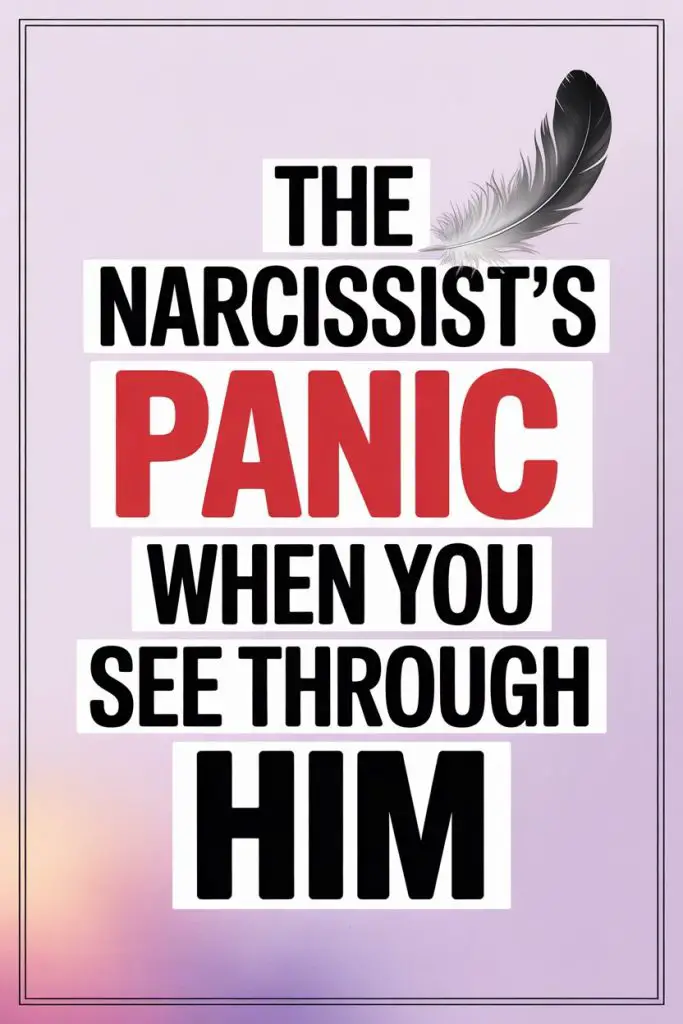 Narcissist panic when exposed, bold quote with red PANIC and delicate feather on pastel background.