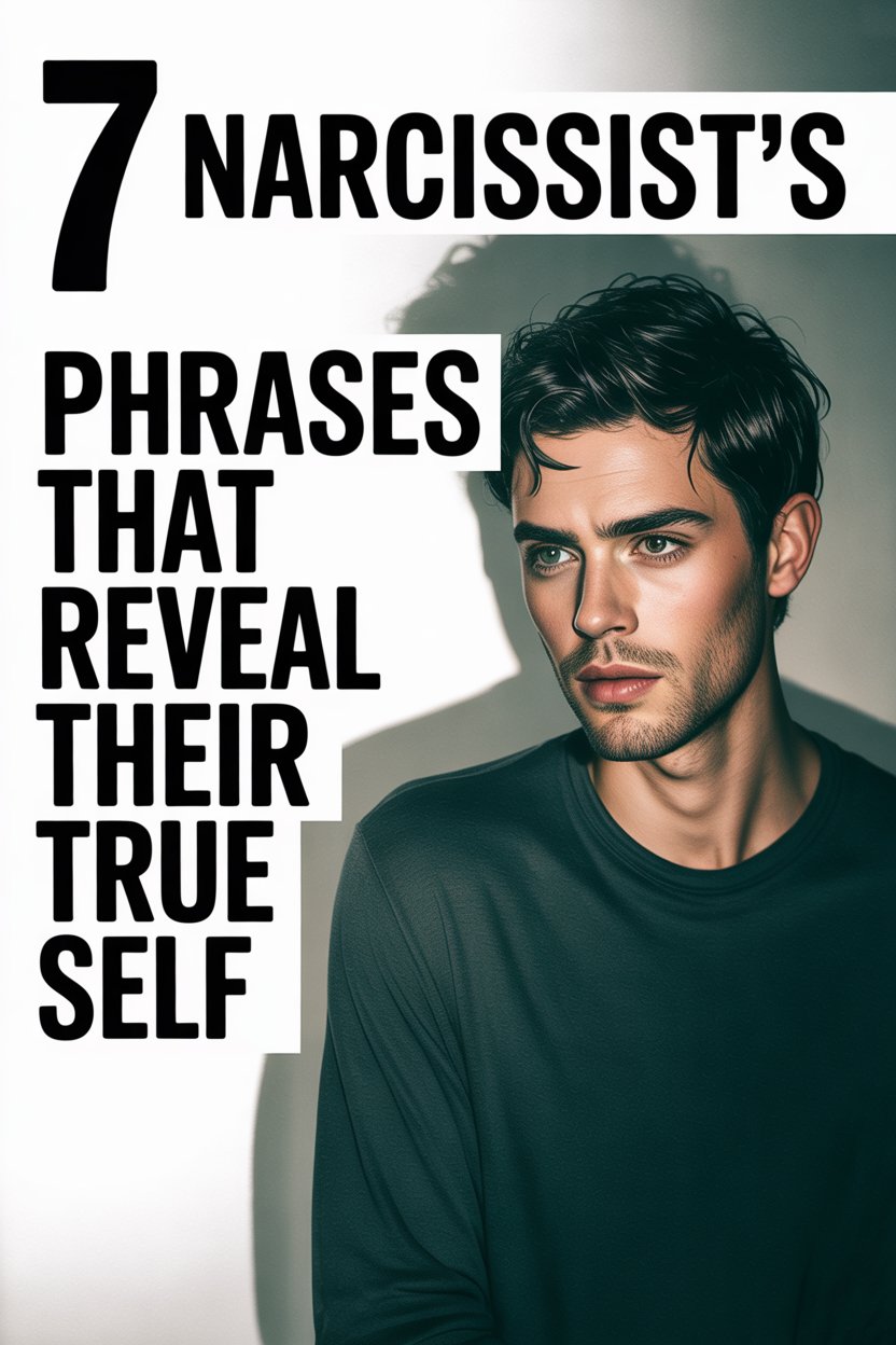 Young man with blue eyes and dark hair reveals narcissist phrases exposing their true self.