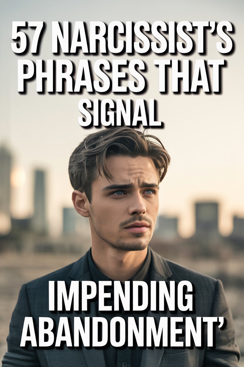 Young man with serious expression over urban skyline, highlighting narcissist phrases signaling emotional abandonment.