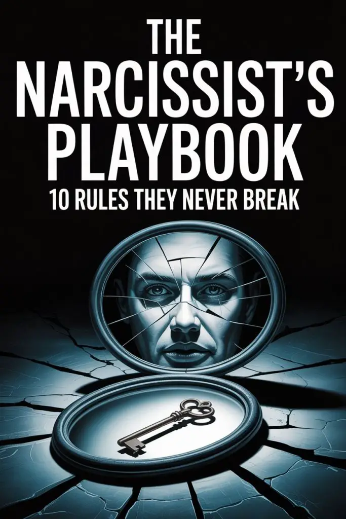 Book cover of The Narcissists Playbook revealing manipulation rules, cracked mirror, and symbolic key.