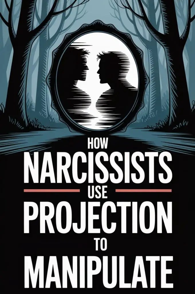 Dark forest scene with mirror and silhouettes illustrating narcissistic projection and psychological manipulation.