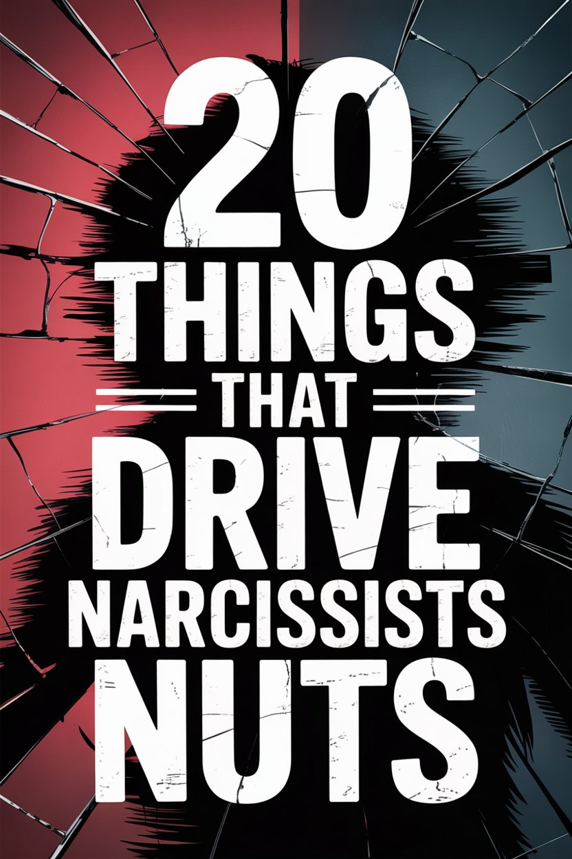 Bold image showing 20 traits that frustrate narcissists with shattered glass background.