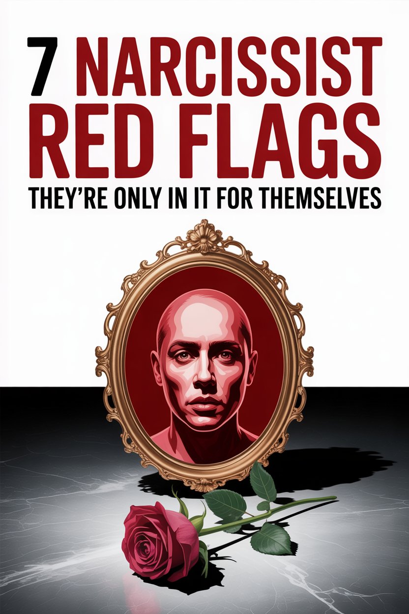 Seven narcissist red flags illustrated with a mirror, rose, and warning mood for spotting traits.