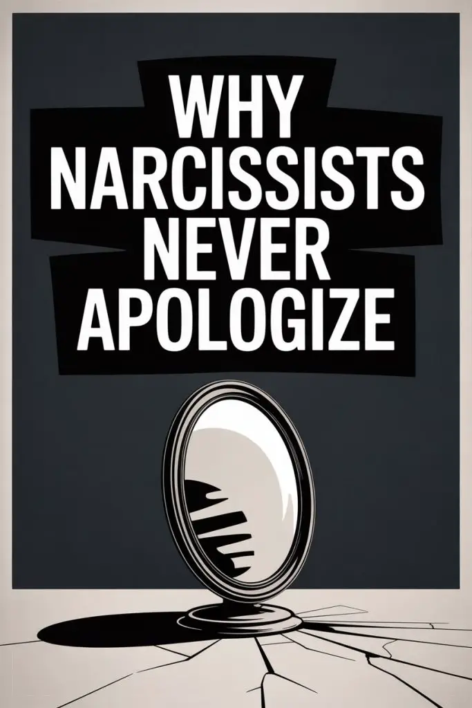 Understanding why narcissists never apologize with symbolic cracked mirror and reflective denial.