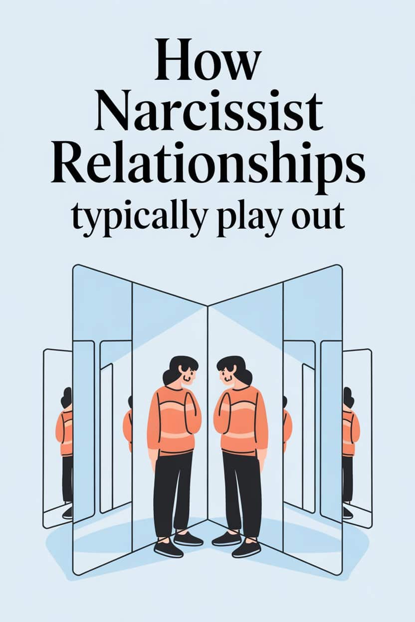 Illustration of a person with multiple mirrors reflecting narcissistic self-image and relationship patterns.