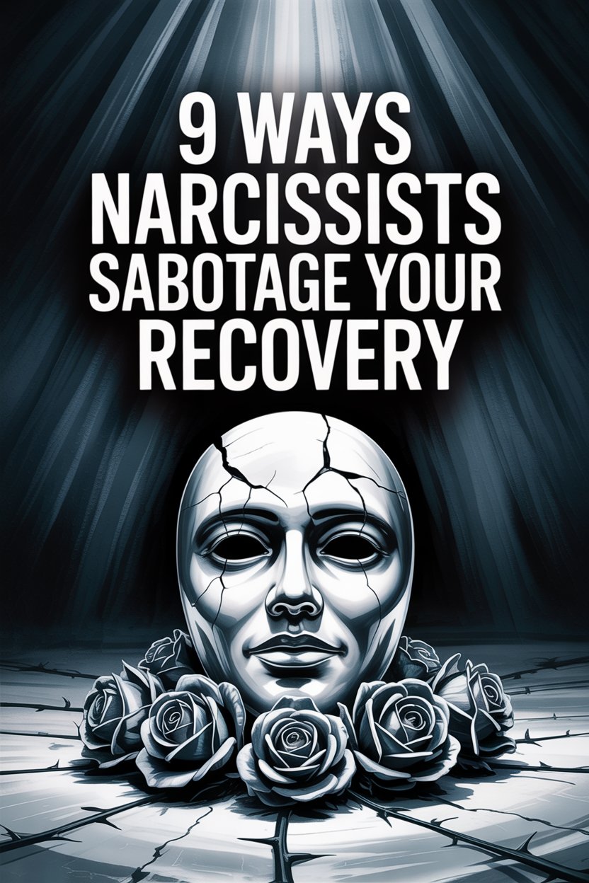 Cracked mask and roses symbolize healing from narcissistic abuse and recovery sabotage.