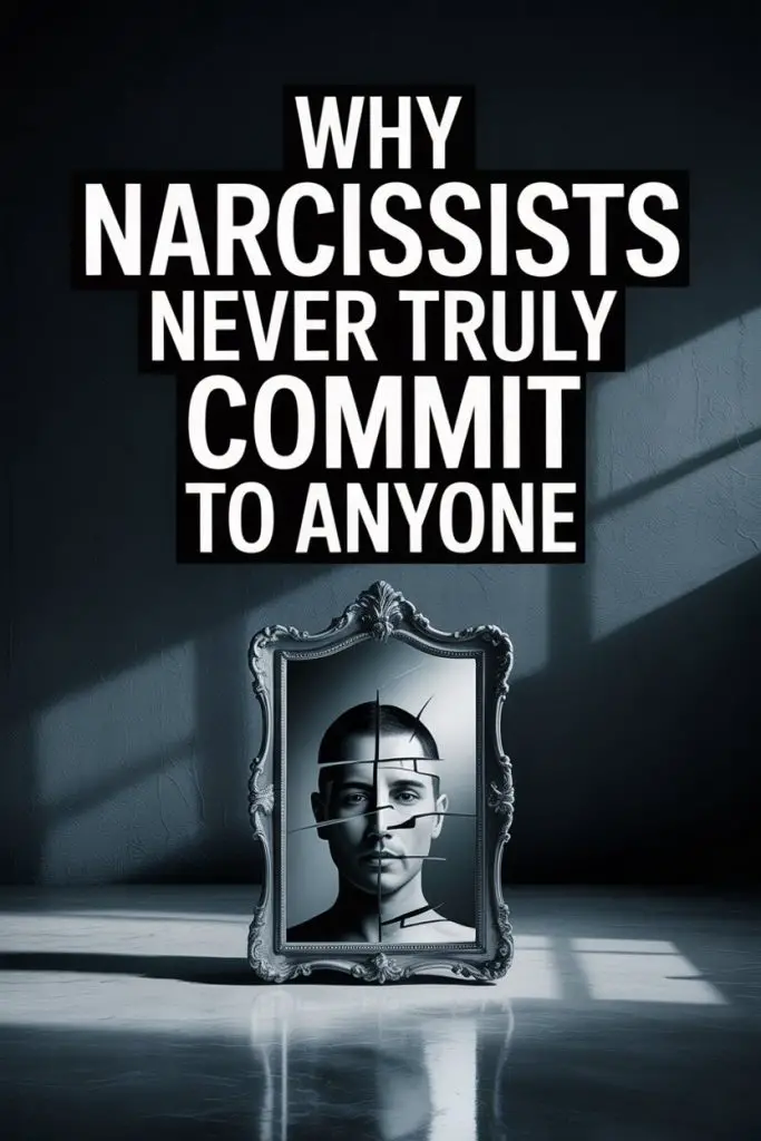 Narcissist and shattered mirror reflect broken commitment and inner conflict.