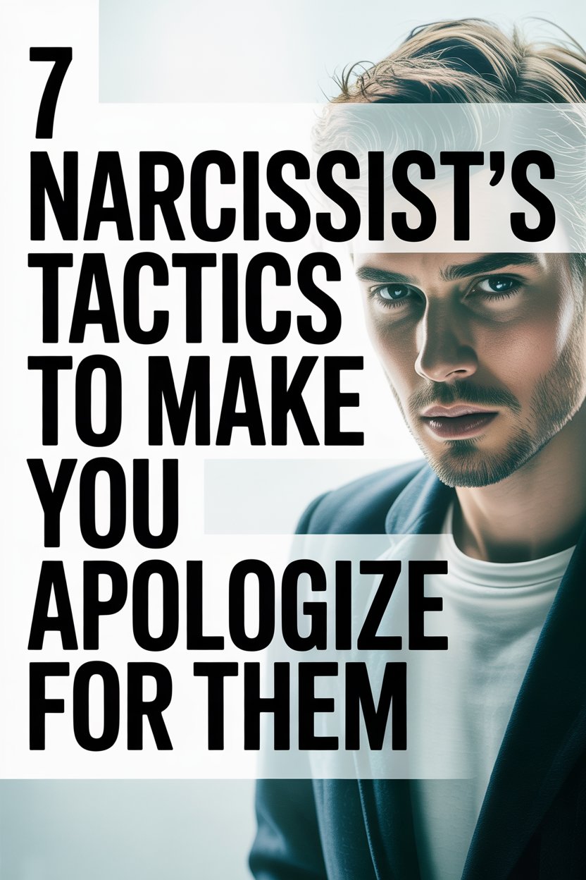 Young man with intense expression and bold text revealing narcissist tactics to manipulate.