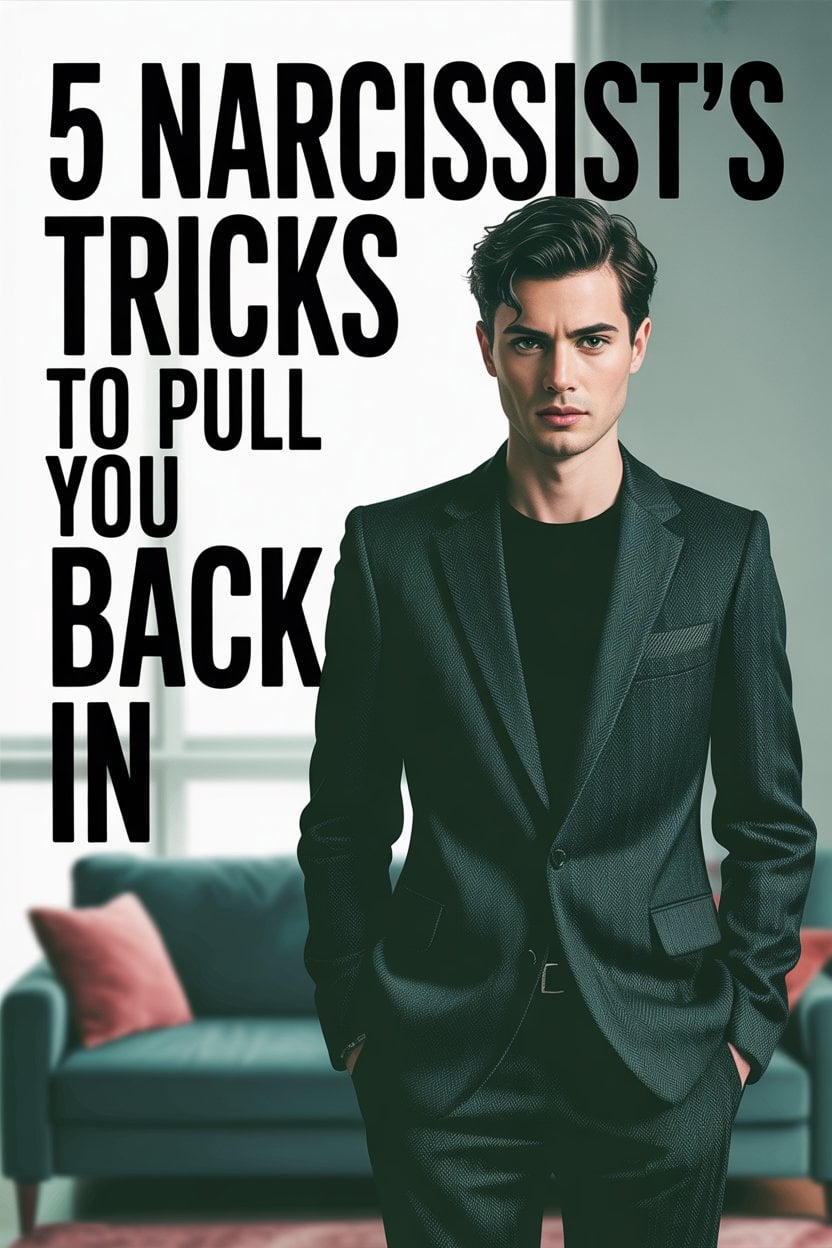 Man in suit with bold text on narcissist tactics to manipulate and regain control.