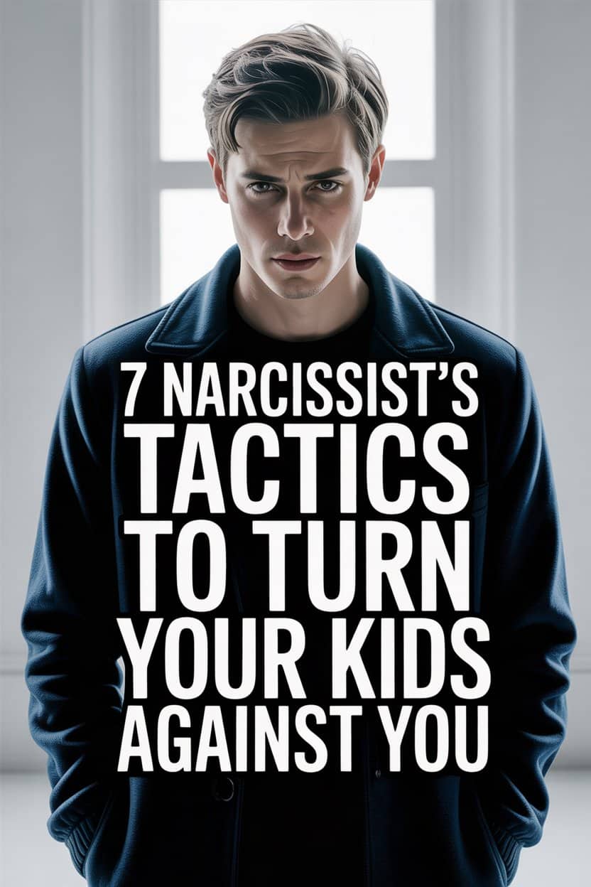 Young man with intense expression warns about narcissist tactics to turn kids against parents.