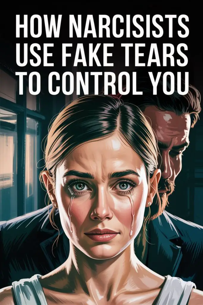 Woman with tears masked emotional manipulation by narcissist and fake emotional control.