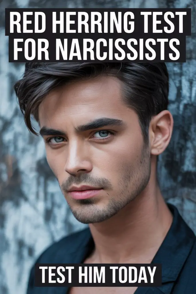 Young man with intense gaze and bold text about a narcissist test and red herring challenge.
