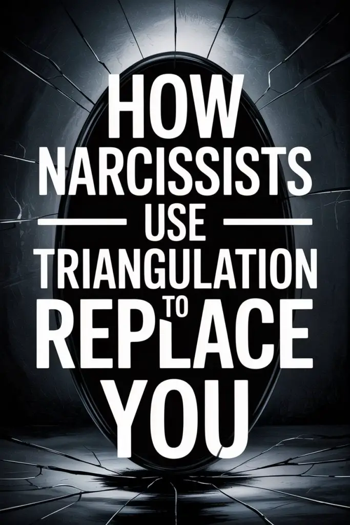 Narcissist triangulation and psychological manipulation behind shattered, cracked mirror imagery.