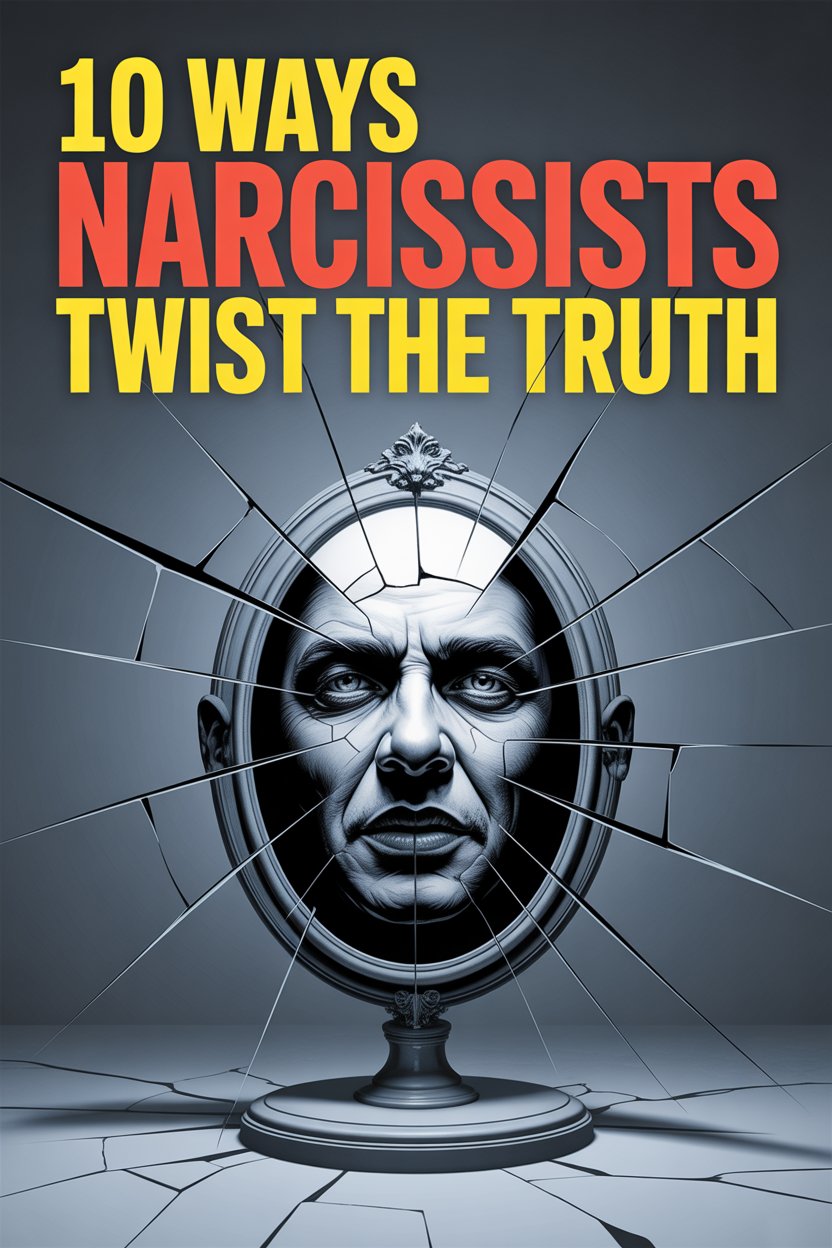 Book cover illustrating narcissists manipulation, shattered mirror, distorted truth, psychological deception, and emotional manipulation.