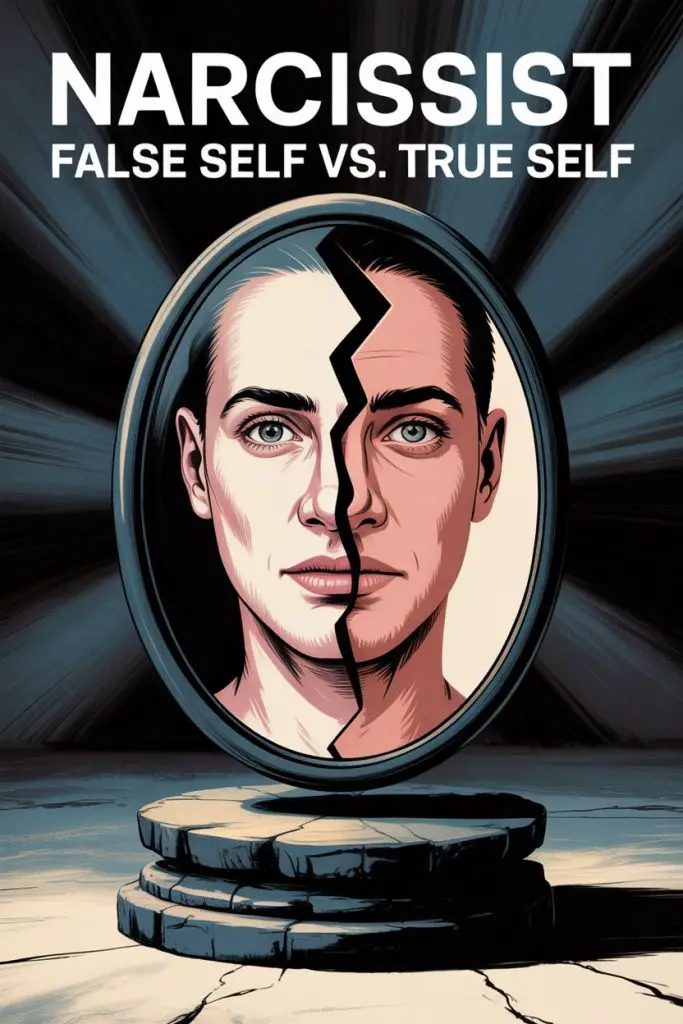 Narcissist true self vs false self reflection with split face and cracked mirror symbolism.