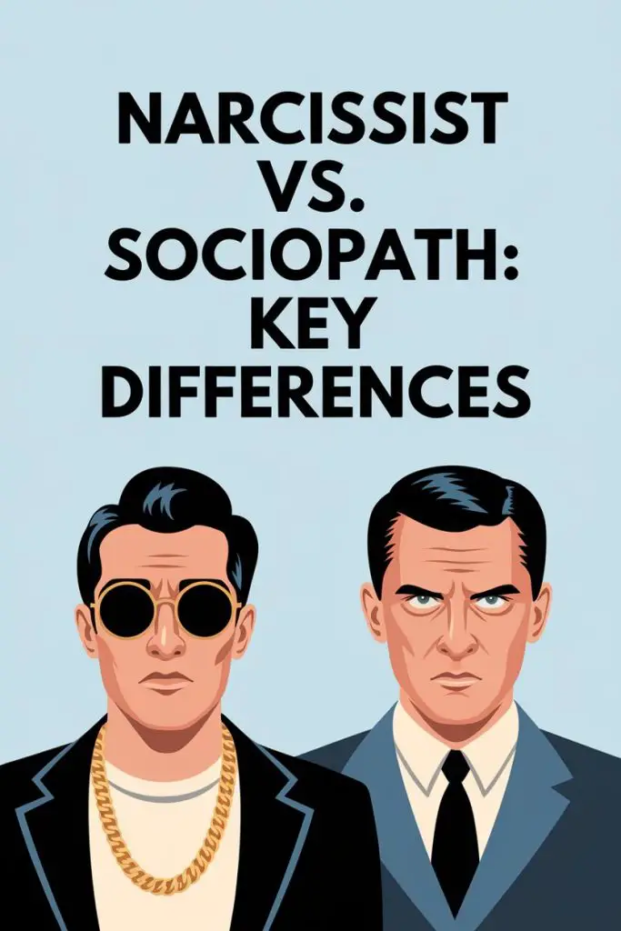 Comparison of narcissist and sociopath traits with distinct illustrations and key behavioral differences.