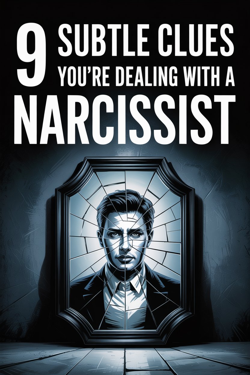 Man in suit gazing into a shattered mirror symbolizing narcissistic traits and self-image distortion.