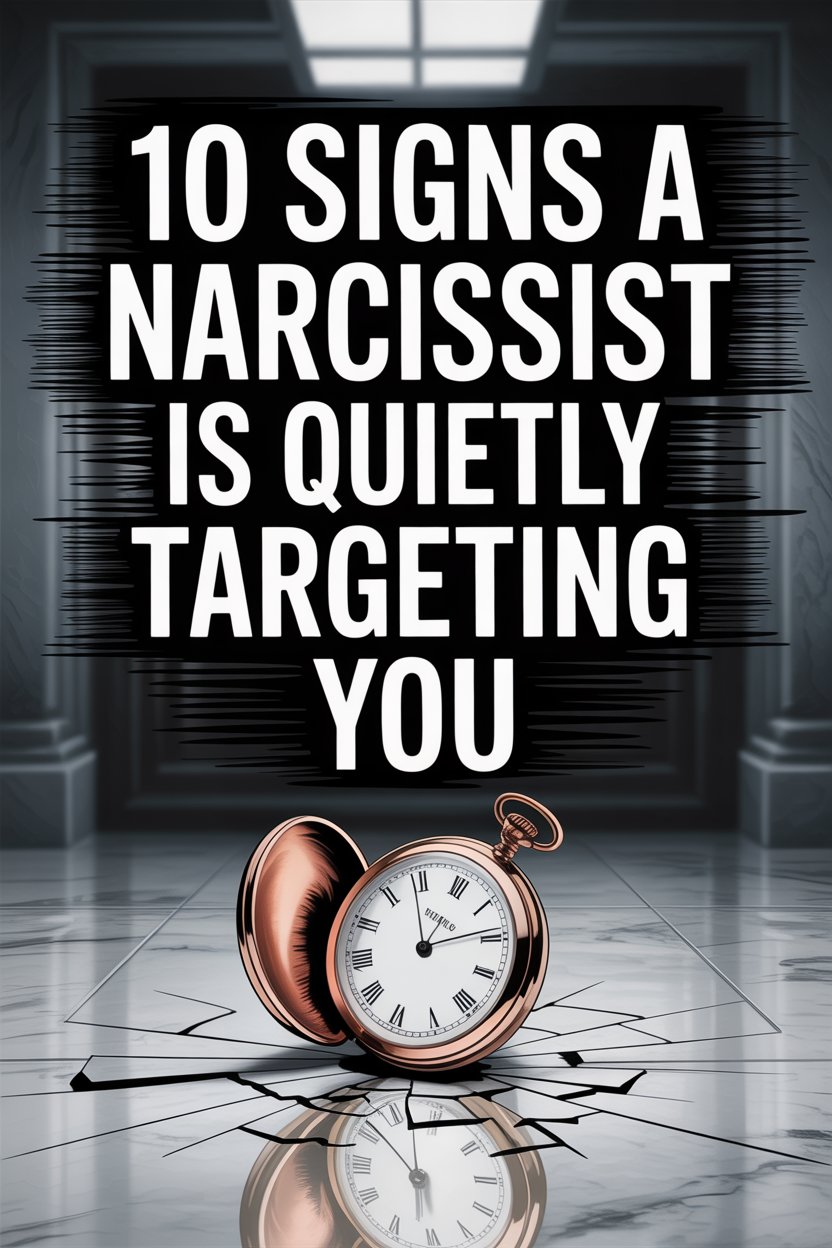 Signs a narcissist is targeting you, symbolized by a cracked pocket watch on a marble floor.