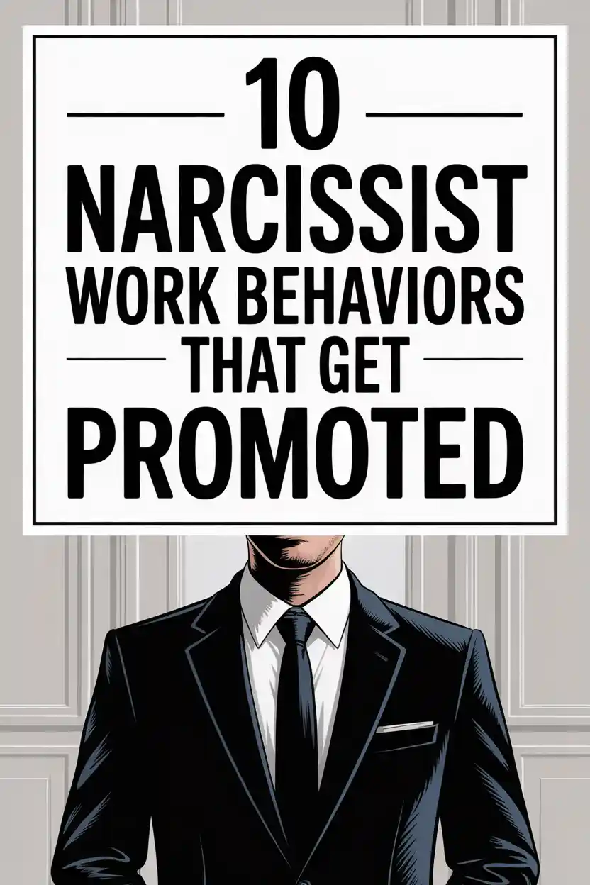 Person in suit holding sign about promoted narcissist work behaviors in professional office setting.