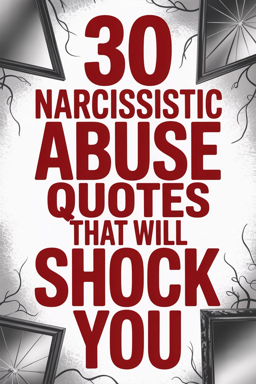 Dark warning image with broken frames and bold red text about shocking narcissistic abuse quotes.