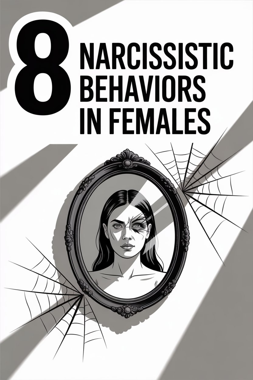 Image depicting narcissistic behaviors in females with intense woman illustration and symbolic spider webs.