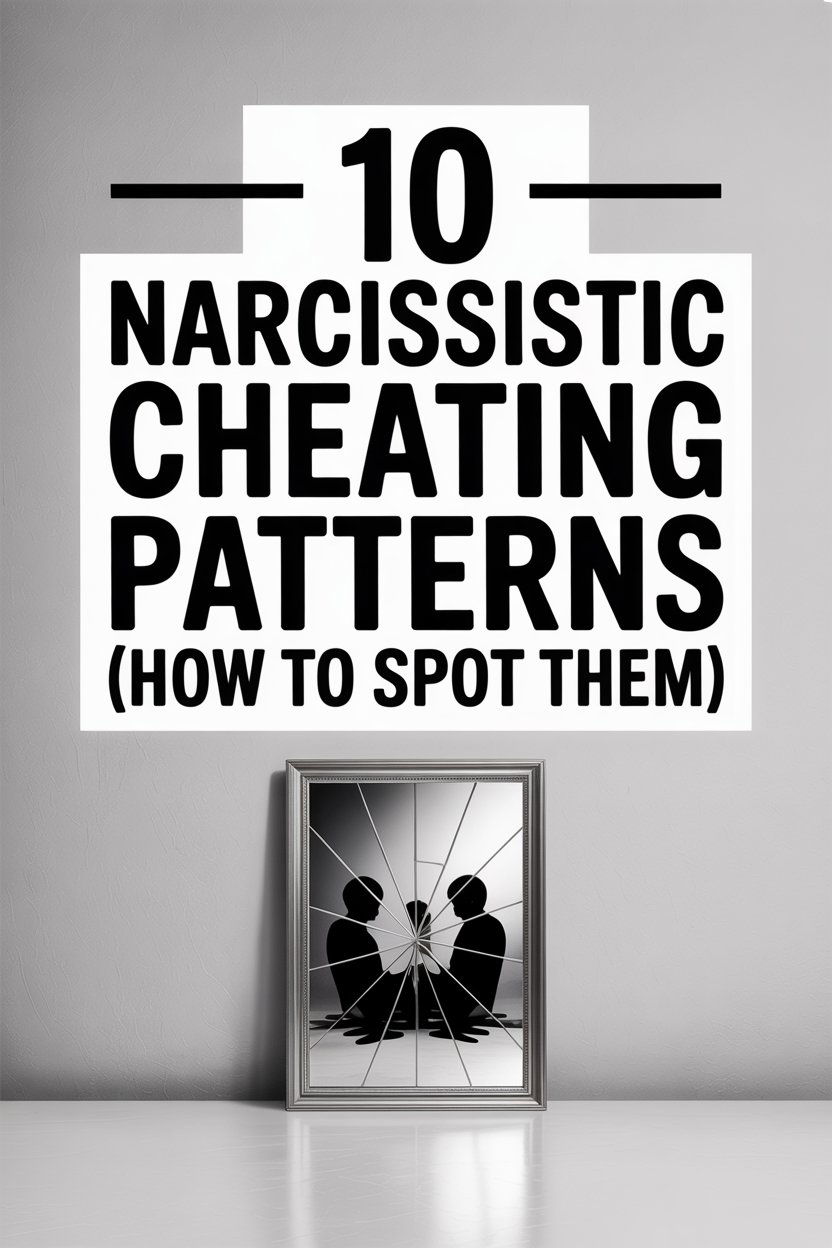 Break cracked mirror with silhouettes highlights narcissistic cheating patterns and emotional betrayal warning.