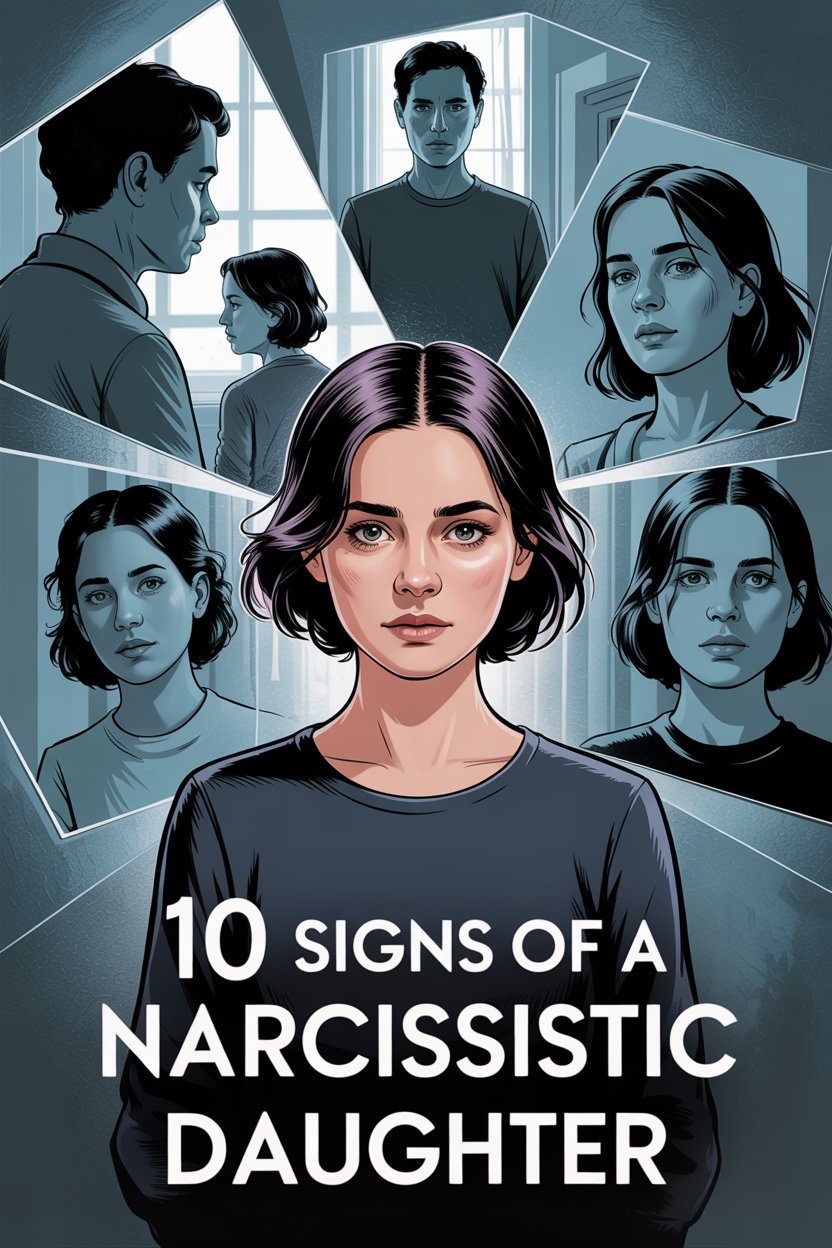 Visual guide showing signs of narcissistic daughters, emotional conflict, and complex self-perception.