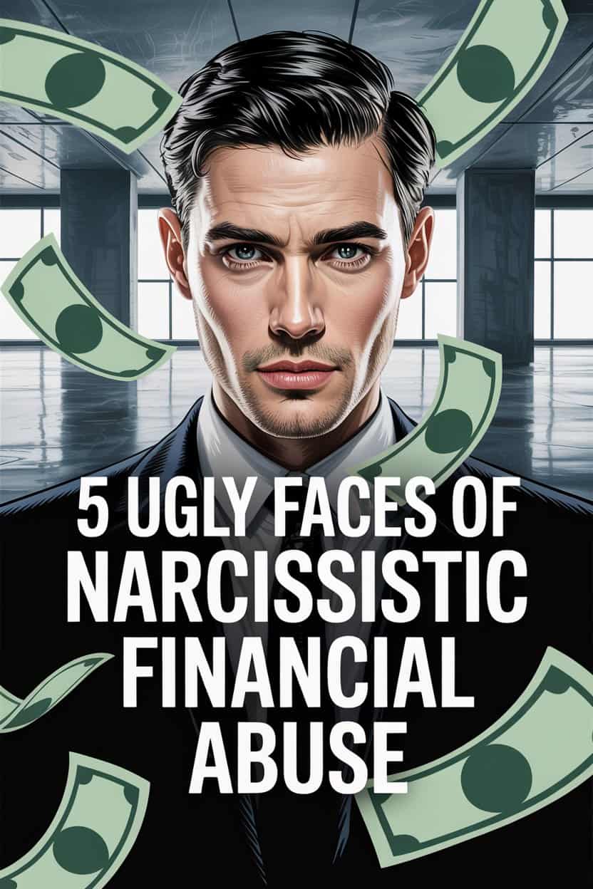 Man warning about narcissistic financial abuse and manipulative behaviors involving money.