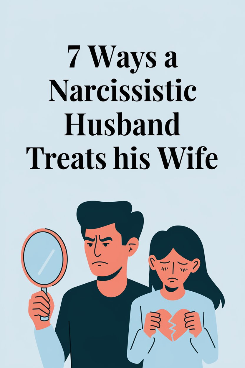 Illustration of a narcissistic husband emotionally abusing his wife with a cracked heart symbol.