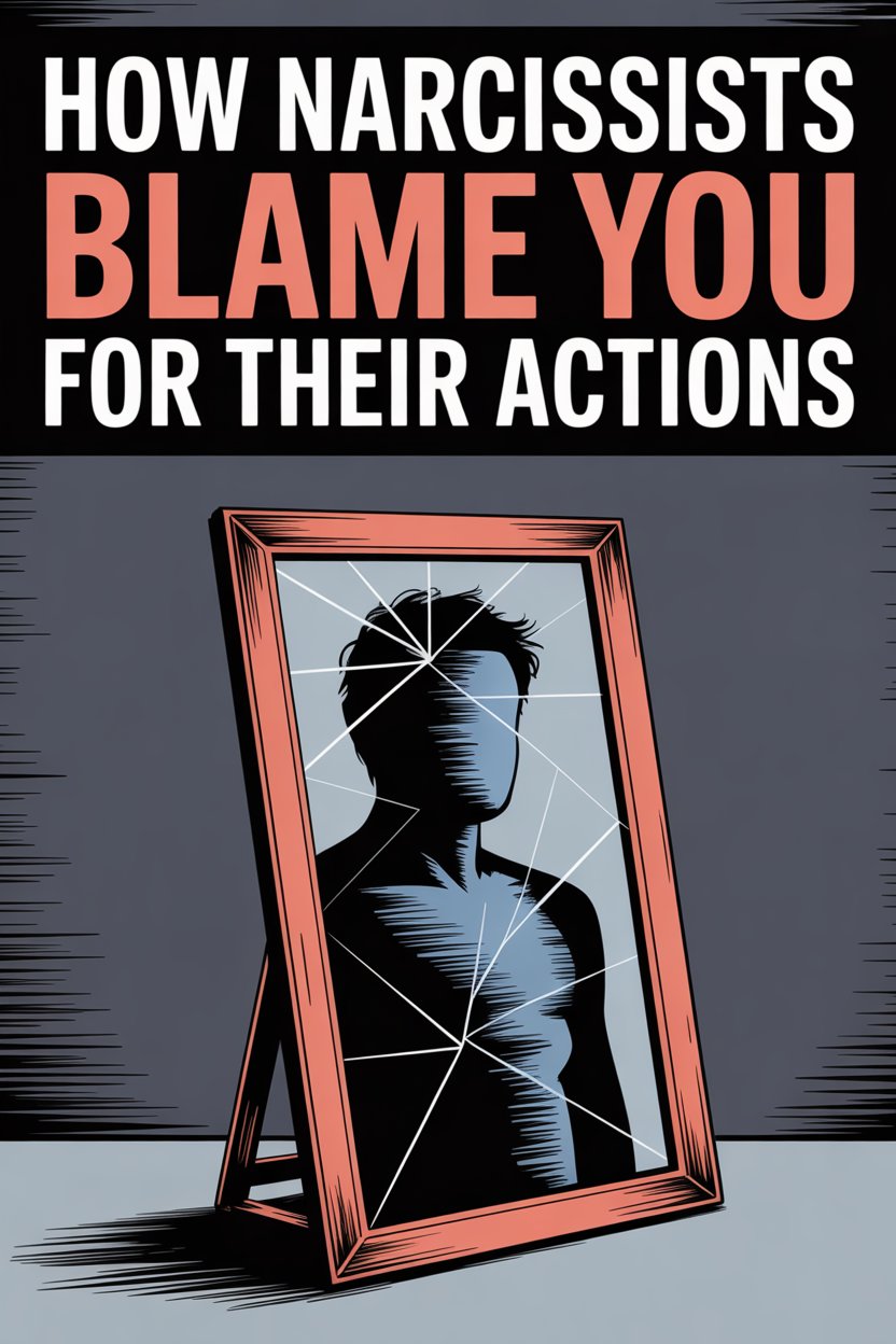 Understanding how narcissists blame others and damage self-image with a broken mirror symbol.