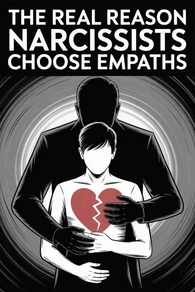 Illustration of emotional control, narcissists targeting empathed individuals with symbolic heartbreak and psychological turmoil.