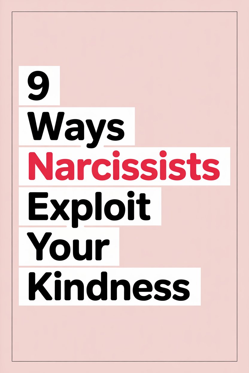 Nine ways narcissists exploit kindness, highlighted by bold text on a soft pink background.