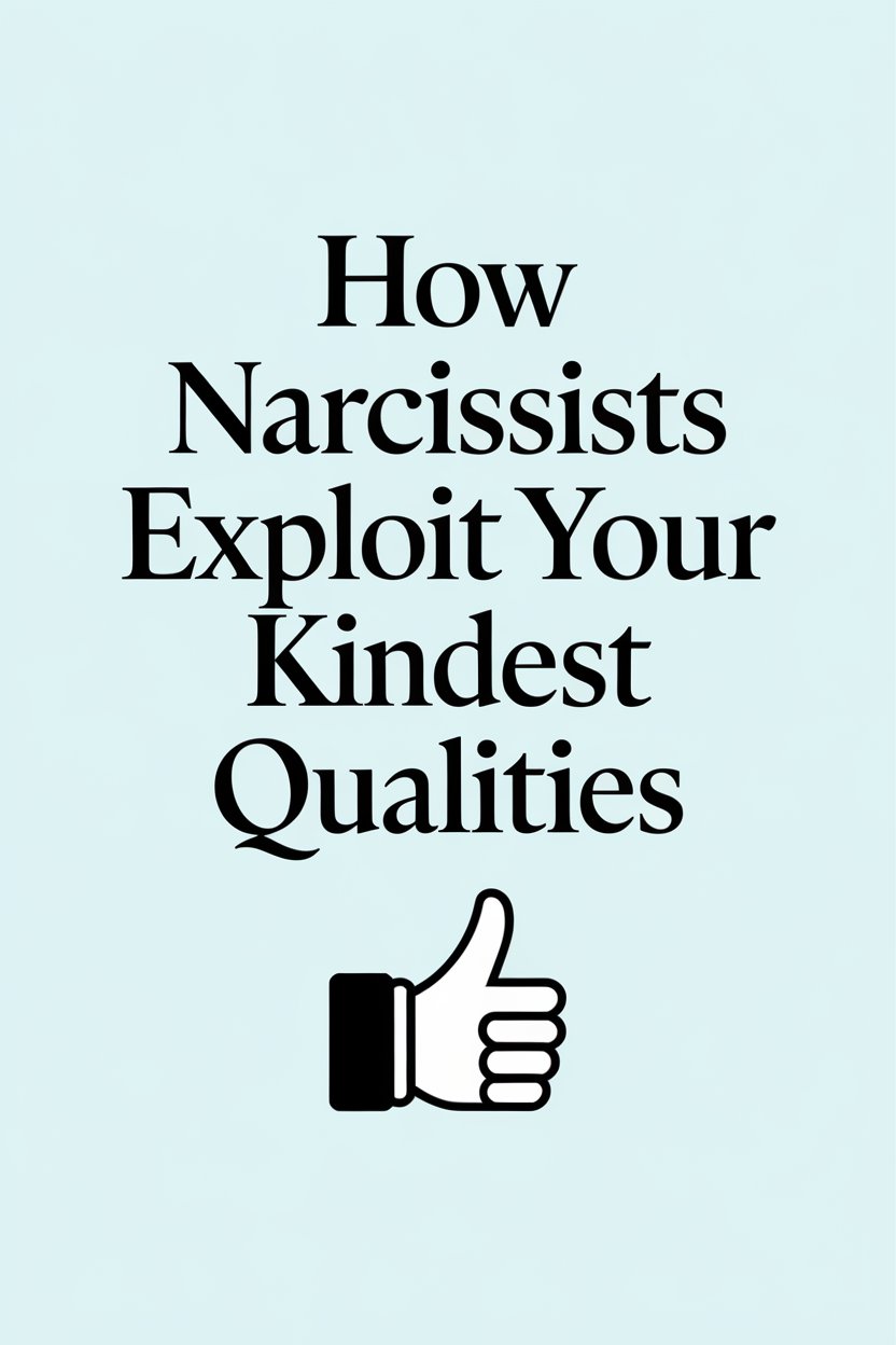 Understanding how narcissists exploit kindness with a calming blue background and simple supportive graphics.