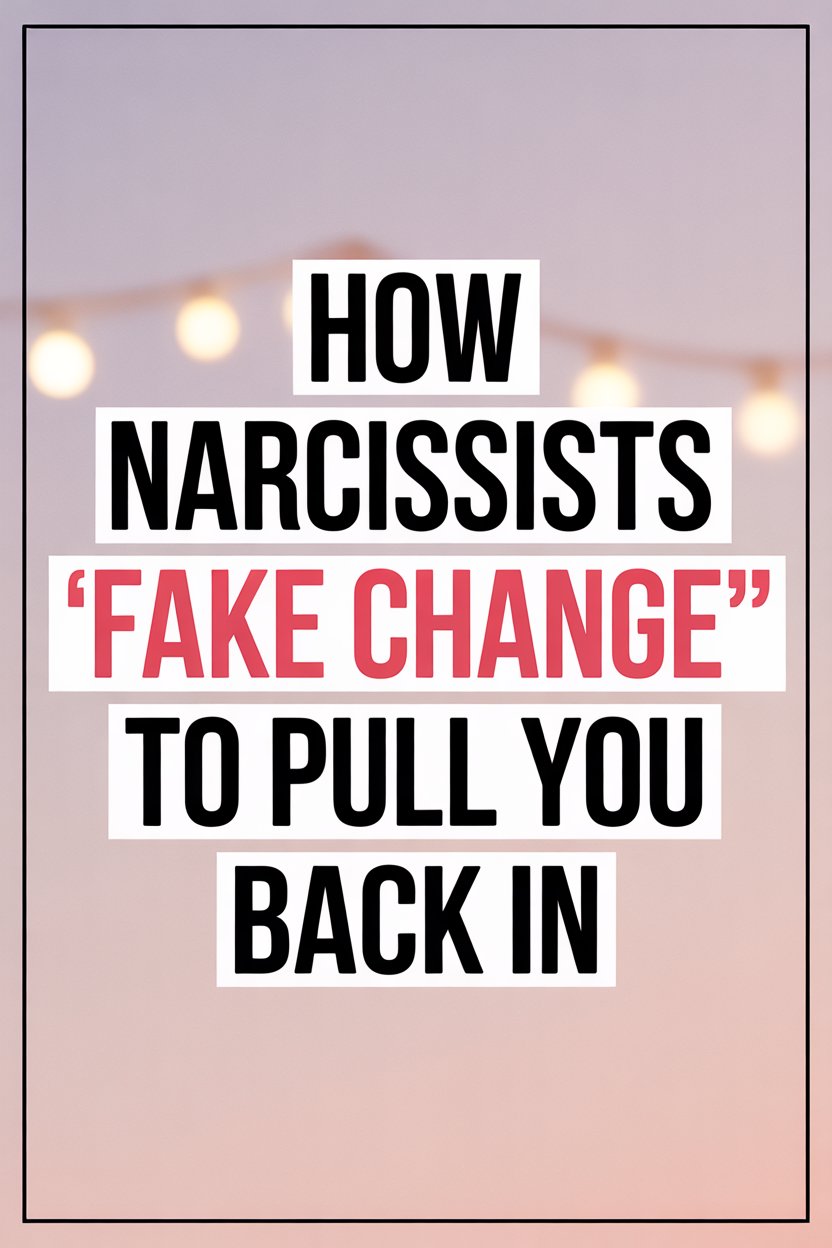 Warning about narcissists fake change and manipulation in motivational quote with pastel background.