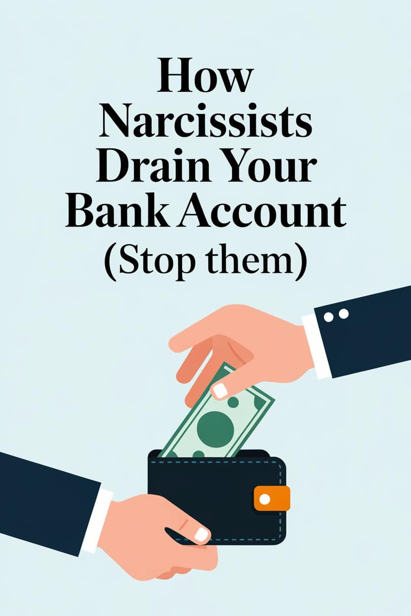 Illustration of money draining from a wallet during narcissistic financial manipulation.
