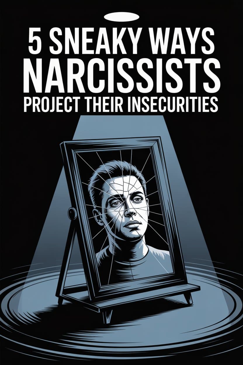 Illustration of narcissist projecting insecurities via reflection and manipulation in a dark, tense setting.