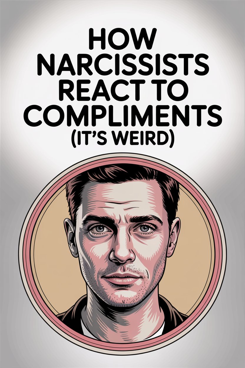 Illustration of a narcissists skeptical reaction to compliments, with bold title and comic-style portrait.