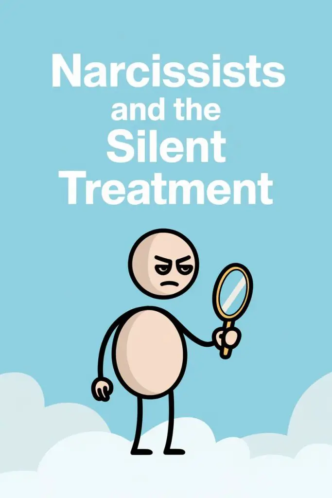 Cartoon of a narcissist on a cloud holding a mirror, highlighting silent treatment and vanity themes.