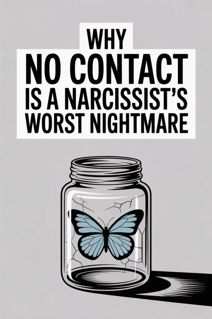 Breaking free from narcissist control: butterfly in cracked jar symbolizes transformation and no contact recovery.