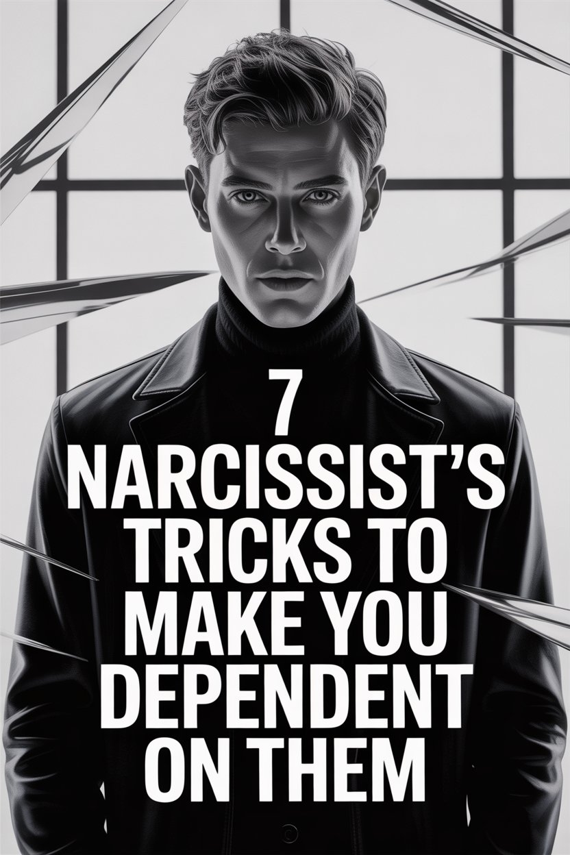 Young man in leather jacket with bold text revealing narcissist manipulation tricks.