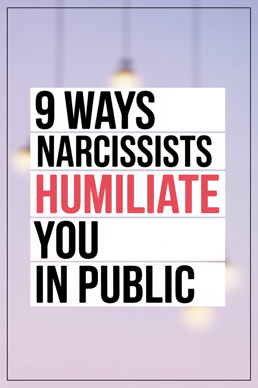 Nine ways narcissists humiliate you in public, with bold text and a calming lavender background.