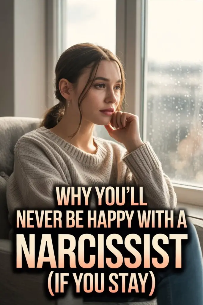 Contemplative woman warning about toxic narcissist relationships on a rainy day.